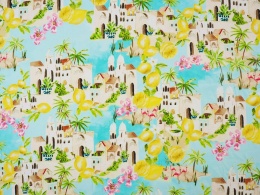 wiskoza w jasne budynki, palmy i cytryny na błękicie