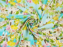 wiskoza w jasne budynki, palmy i cytryny na błękicie