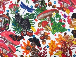 biała satyna jedwabna w kolorowe liście i grzyby