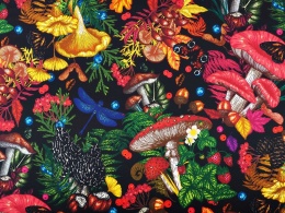 czarna satyna jedwabna w kolorowe liście i grzyby