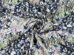 granatowy jedwab w gęste, drobne kwiaty