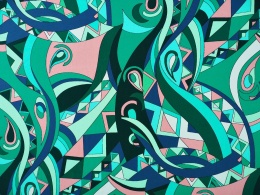 jedwab w abstrakcyjny wzór w morskich odcieniach z różem