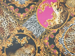 jedwab w zwierzęce desenie, złote ornamenty oraz drapieżne koty