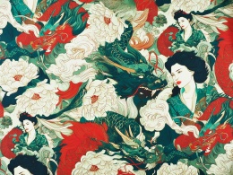 jedwab w orientalny wzór w smoki i gejsze