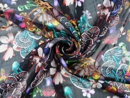 czarny szyfon jedwabny w kolorowe grzyby