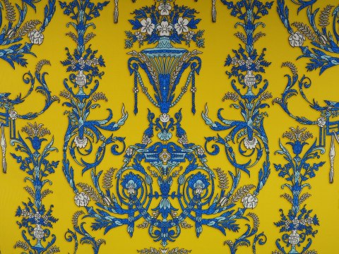 Jedwab elastyczny - Niebieskie ornamenty na żółci Jedwab elastyczny - Niebieskie ornamenty na żółci