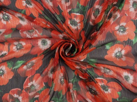 Jedwab szyfon - Pomarańczowe maki na czerni Jedwab szyfon - Pomarańczowe maki na czerni