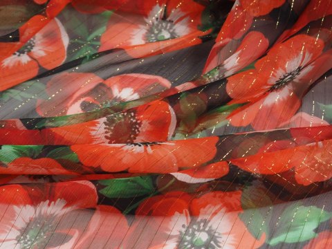 Jedwab szyfon - Pomarańczowe maki na czerni Jedwab szyfon - Pomarańczowe maki na czerni