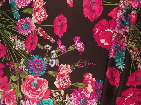 Jedwa twill - Fuksjowe kwiaty na brązie Jedwa twill - Fuksjowe kwiaty na brązie