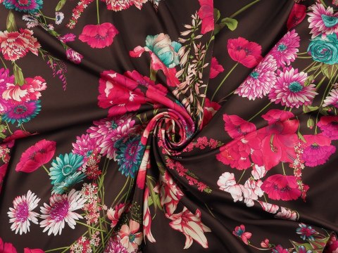 Jedwa twill - Fuksjowe kwiaty na brązie Jedwa twill - Fuksjowe kwiaty na brązie