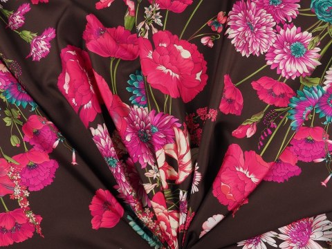 Jedwa twill - Fuksjowe kwiaty na brązie Jedwa twill - Fuksjowe kwiaty na brązie