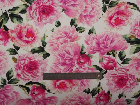 Dzianina wiskozowa - Różowe peonie na bieli Dzianina wiskozowa - Różowe peonie na bieli