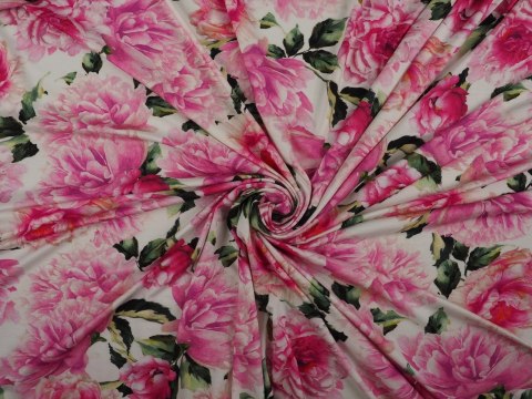 Dzianina wiskozowa - Różowe peonie na bieli Dzianina wiskozowa - Różowe peonie na bieli