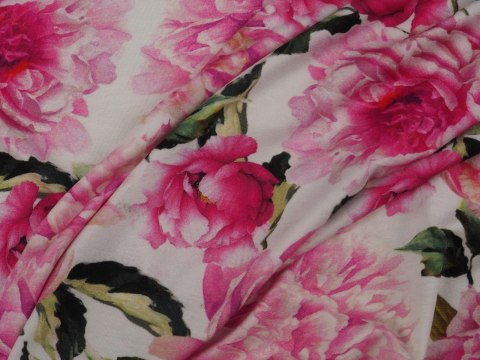 Dzianina wiskozowa - Różowe peonie na bieli Dzianina wiskozowa - Różowe peonie na bieli