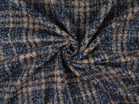 Wełna boucle - Beżowo-niebieska krata Wełna boucle - Beżowo-niebieska krata