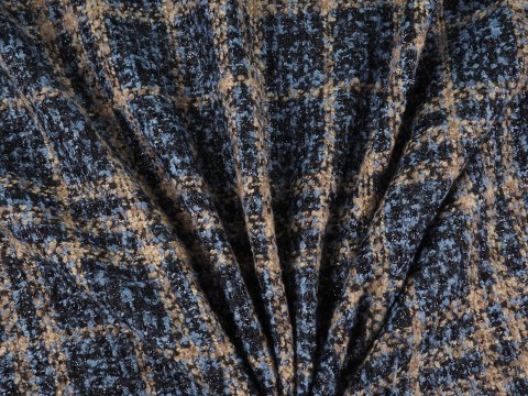 Wełna boucle - Beżowo-niebieska krata Wełna boucle - Beżowo-niebieska krata