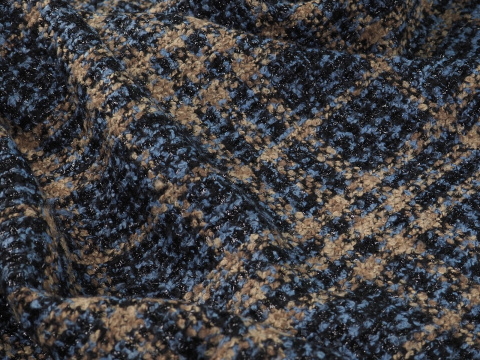 Wełna boucle - Beżowo-niebieska krata Wełna boucle - Beżowo-niebieska krata
