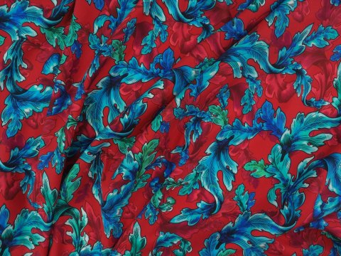 Jedwab elastyczny - Ornamenty liście na czerwieni Jedwab elastyczny - Ornamenty liście na czerwieni