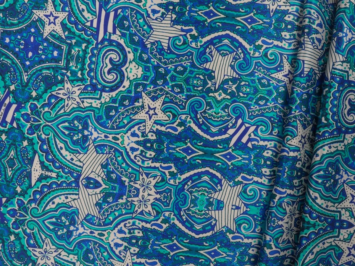 Jedwab sygnowany - Niebieskie ornamenty i gwiazdy Jedwab sygnowany - Niebieskie ornamenty i gwiazdy