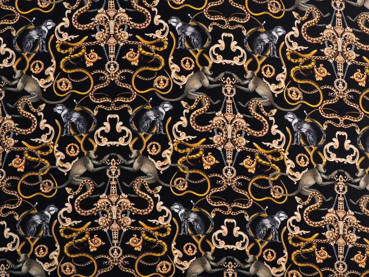 jedwab krepa małpki węże ornamenty jedwab krepa małpki węże ornamenty