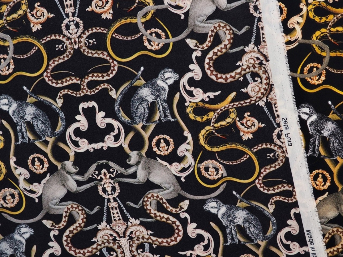 jedwab krepa małpki węże ornamenty jedwab krepa małpki węże ornamenty