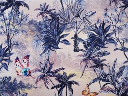 bawełna w granatowe palmy i kolorowe motyle