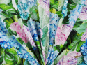 bawełna ażurowa w niebieskie i różowe hortensje oraz zielone liście