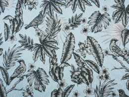 błękitna bawełna ażurowa w egzotyczne liście, kwiaty i ptaki