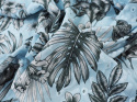 błękitna bawełna ażurowa w egzotyczne liście, kwiaty i ptaki