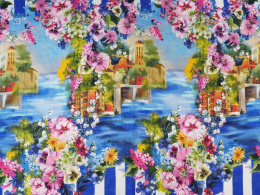 panel lniany w niebieskie, pionowe pasy, kwiaty i widok Portofino