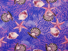 niebieska dzianina wiskozowa w różowe koralowce, muszle i rozgwiazdy