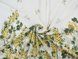 biała bawełna ażurowa w żółte kwiaty i białe motyle